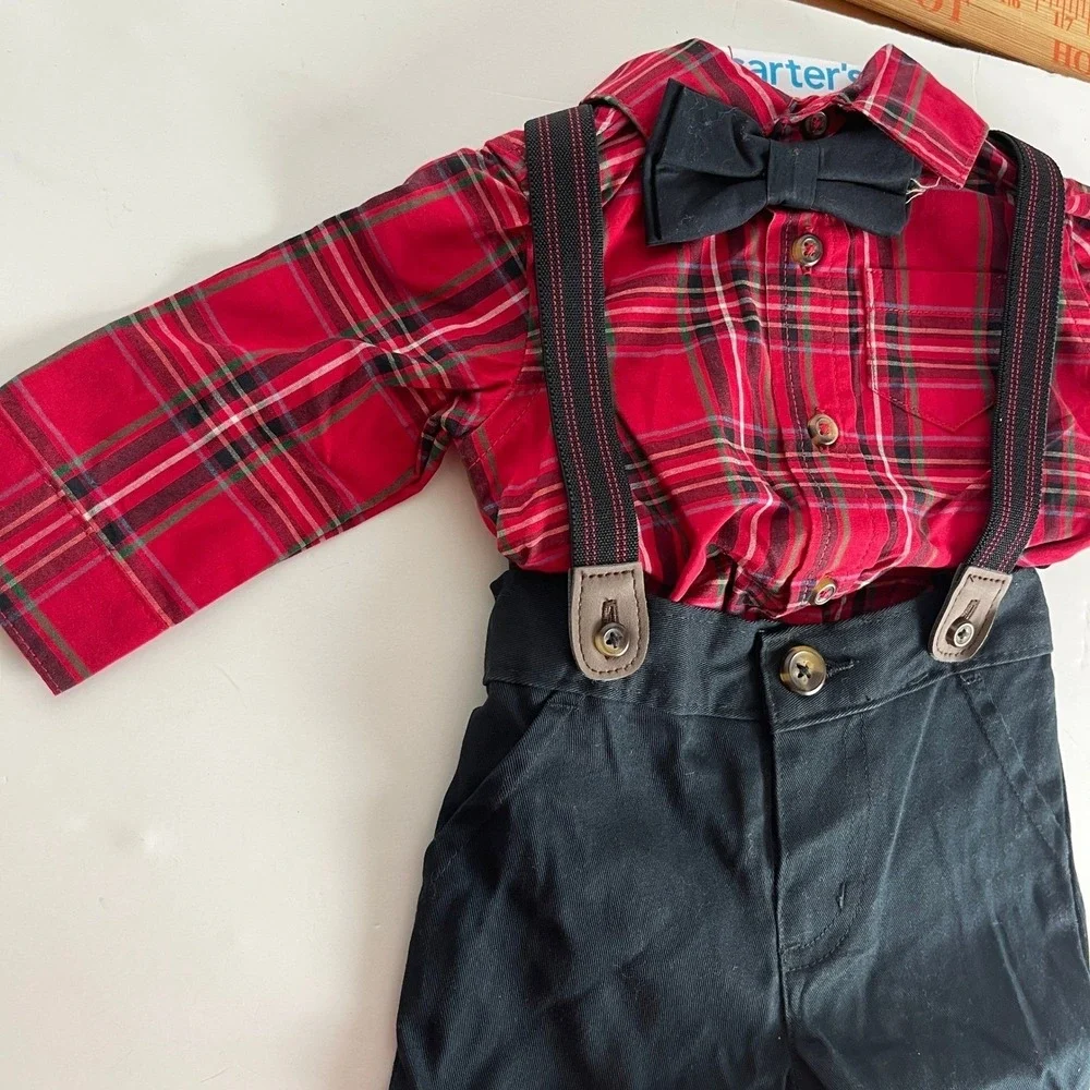 Carters Baby Boys 12M 4-Piece Plaid Shirt Suspenders Pants Bow Tie Set Red Black